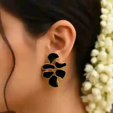 Gorgeous Black Enamel Floral Gold-Tone Earrings